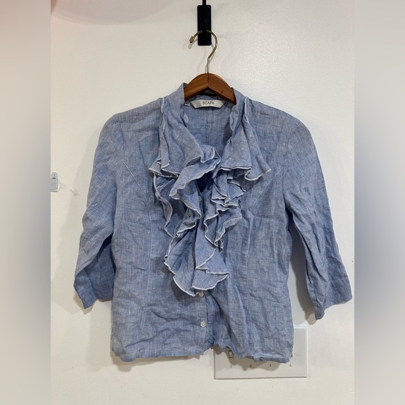 Scapa Linen Ruffle 3/4 Sleeve Blouse Blue Women’s Size 40 Large Designer Peasant - Picture 1 of 6